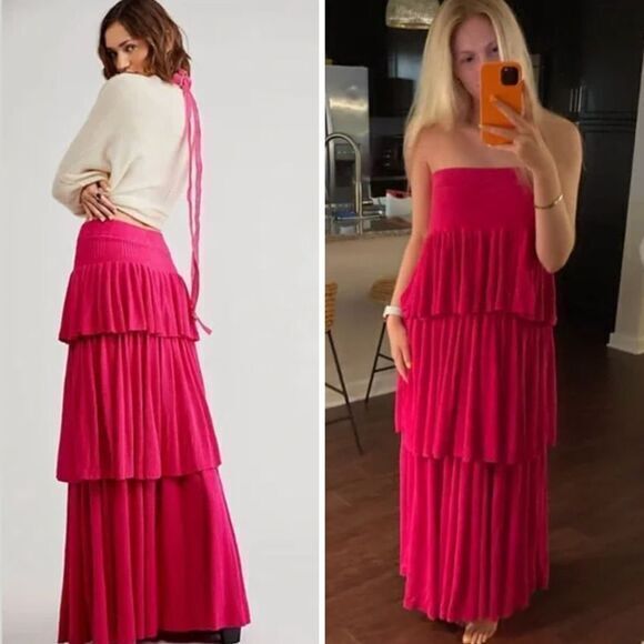NEW Free People convertible Pink Ruffled Tiered Knit‎ Maxi Skirt BarbieCore M